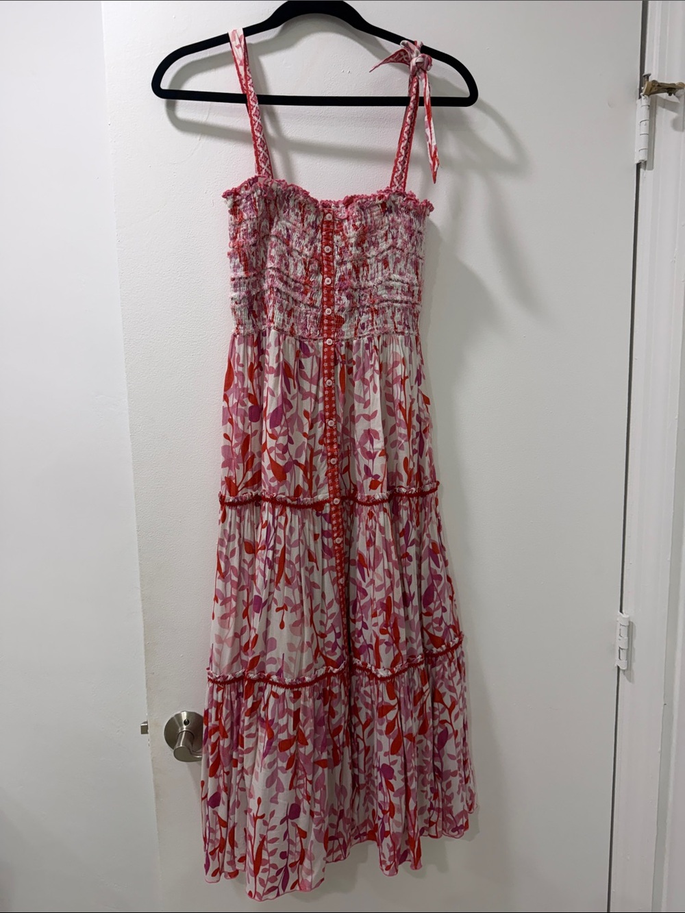 Poupette St. Barth Pink & Red Floral Tie-Shoulder Tiered Sundress